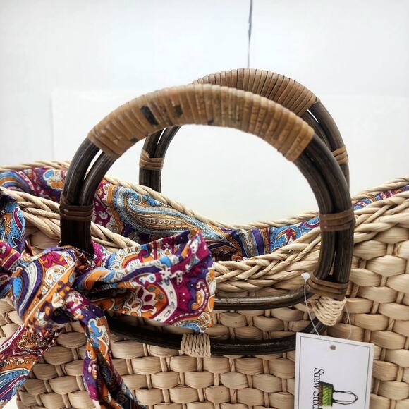 Straw Studio Tote Bag Resort Beach Rattan Handles Lined Boho Market Tote NWT - Picture 4 of 12
